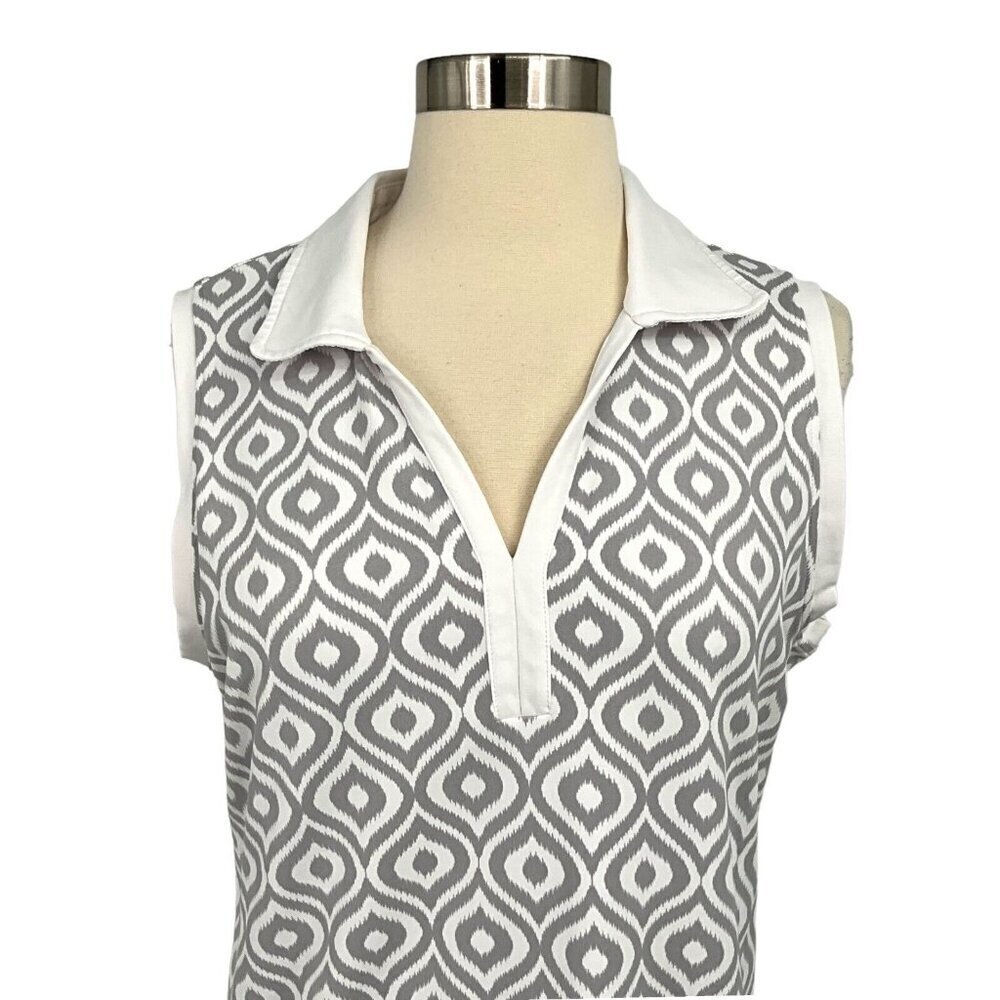 MDC Size 10 Meryl Print Polo Shirt Light Taupe/White Sleeveless V Neck Collared - Picture 2 of 9
